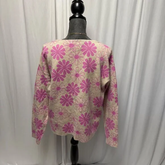 Rachel Zoe Sweater Womens Sz Large Pink Beige Floral Long Sleeve Retro Whimsical - Picture 4 of 7